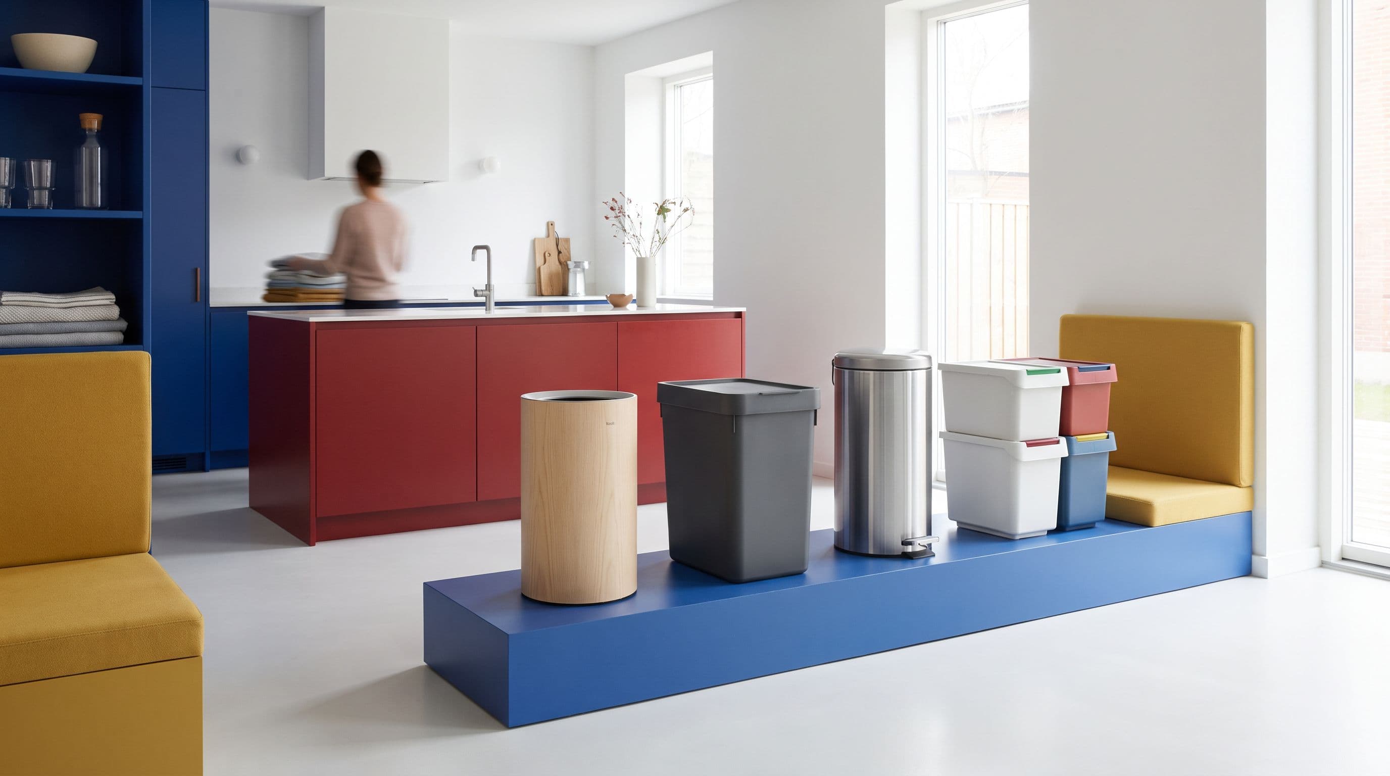 Poubelles de tri design aux couleurs vives sur des socles